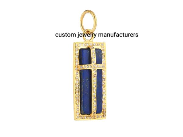 14k Gold Plated Pave Diamond Lapis Cross Pendant - Image 3