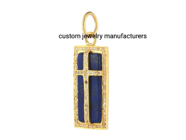 14k Gold Plated Pave Diamond Lapis Cross Pendant