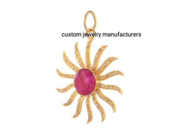 14k Gold Plated Pave Diamond Ruby Sunburst Pendant - Image 4