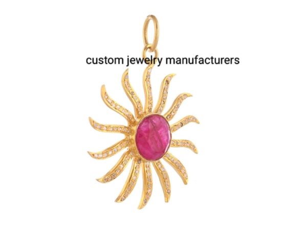 14k Gold Plated Pave Diamond Ruby Sunburst Pendant - Image 2