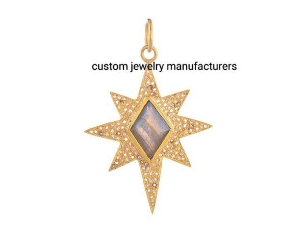 14k Gold Plated Pave Diamond Labradorite North Star Pendant