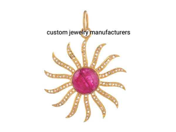 14k Gold Plated Pave Diamond Ruby Sunburst Pendant