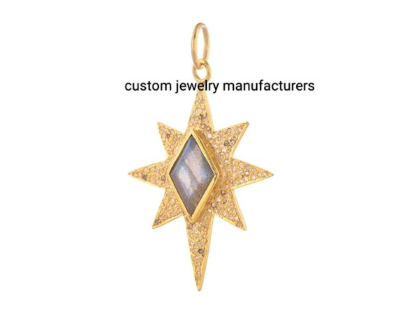 14k Gold Plated Pave Diamond Labradorite North Star Pendant - Image 3