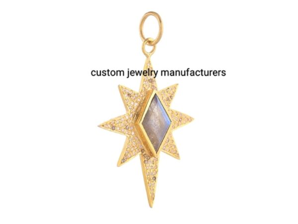 14k Gold Plated Pave Diamond Labradorite North Star Pendant - Image 2