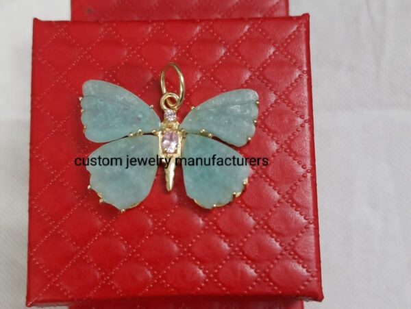 14K Gold Gemstone Handmade Carved Butterfly Charm - Image 5