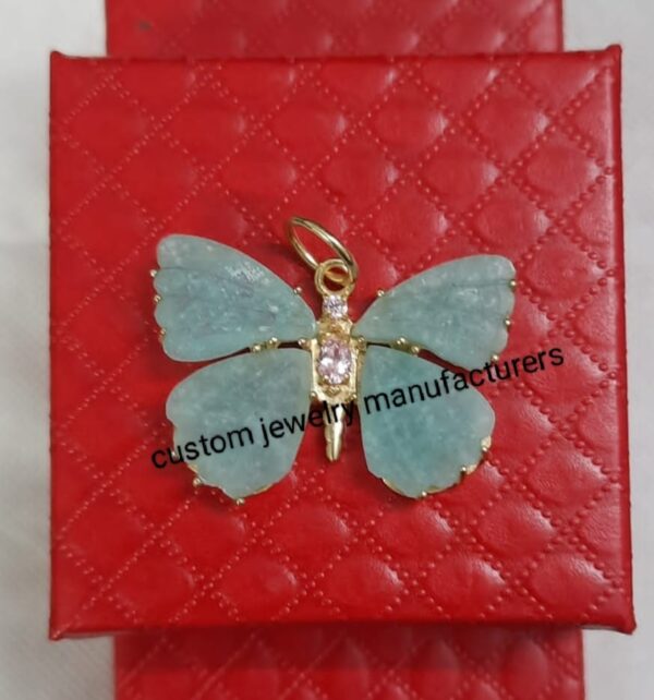 14K Gold Gemstone Handmade Carved Butterfly Charm - Image 4