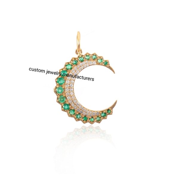 925 Silver Gold Emerald Gemstone Diamond Crescent Moon Necklace