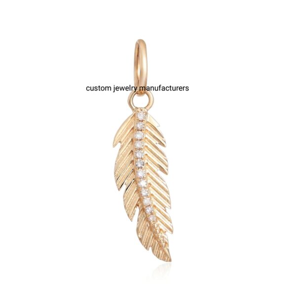 14K Feather Diamond Charm, Silver Cz feather pendant, Diamond Feather Pendant - Image 3