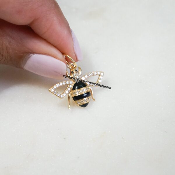 925 Silver Diamond Black Enamel Bee Necklace Charm