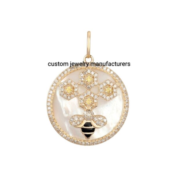 925 Silver Gold Honeycomb Bee Mother of Pearl and Diamond Pendant