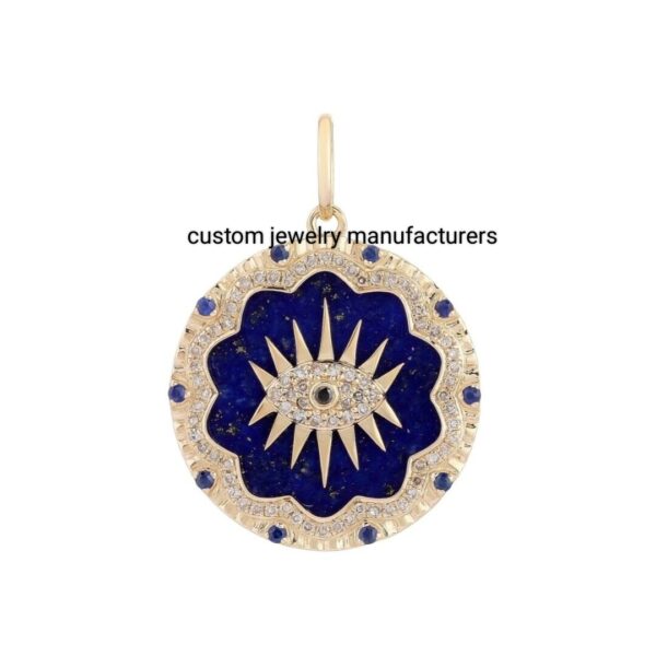 925 Silver Gold Evil Eye Diamond Lapis Lazuli Medallion Pendant - Image 2