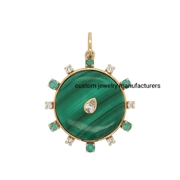 925 Silver Gold Designer Diamond Emerald & Malachite Dome Charm