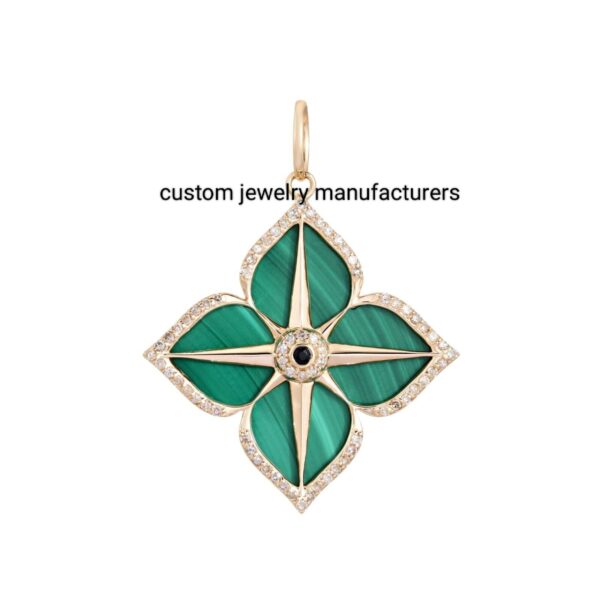 925 Silver Gold Clover Malachite Diamond Charm Pendant