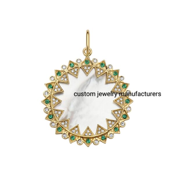 925 Silver Gold Pave Diamond Mother Of Pearl Medallion Charm With Emerald