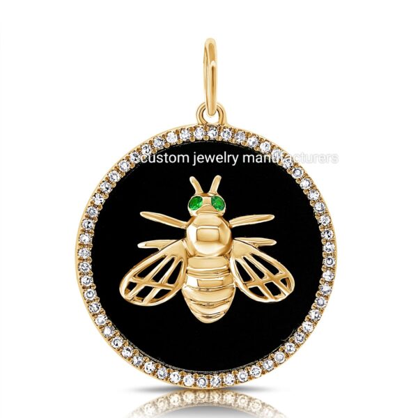 925 Silver Diamond Emerald Honey Bee Onyx Disc Necklace Charm