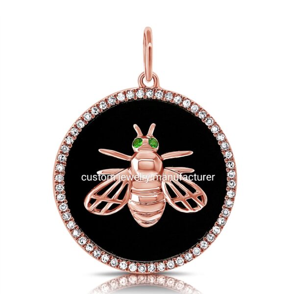 925 Silver Diamond Emerald Honey Bee Onyx Disc Necklace Charm - Image 3