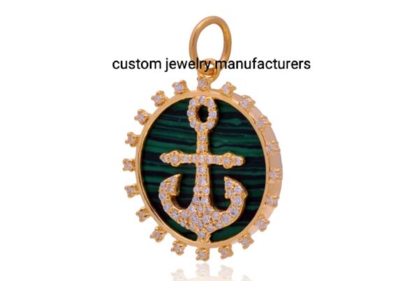 925 Silver Gold Malachite Anchor diamond Charm Pendant