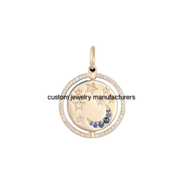 925 Silver Gold Diamond Sapphire Moon Stars Coin Pendant