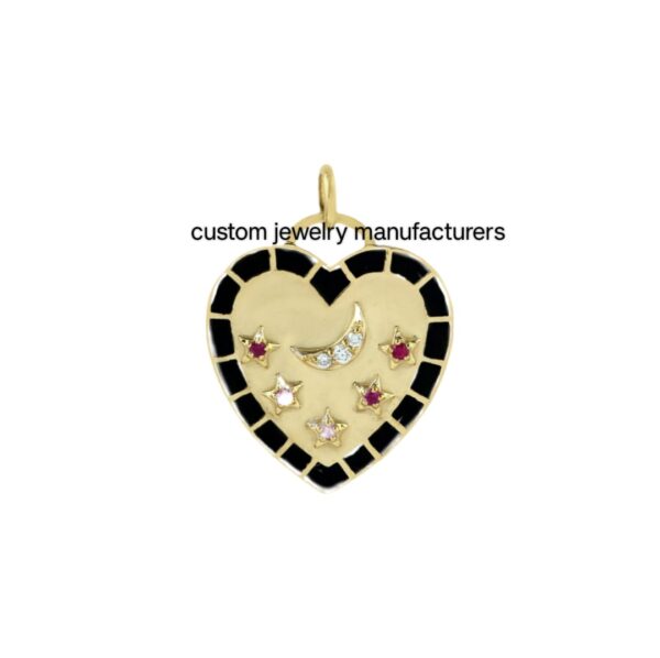 925 Silver Gold Enamel Crescent Moon Star Heart Pendant